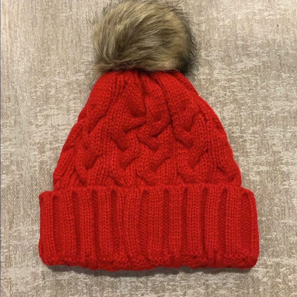 Women’s Red Beanie With Fuzzy Ball One Size